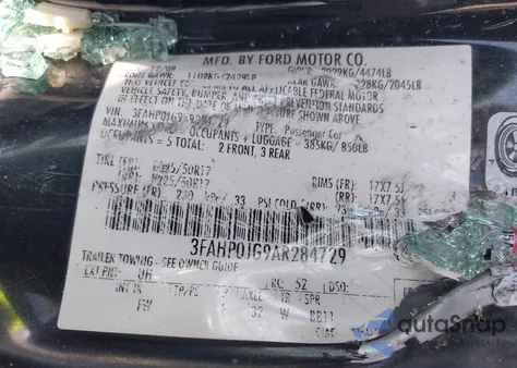 2010 Ford Fusion Sel из США, поврежденный, VIN 3FAHP0JG9AR284729